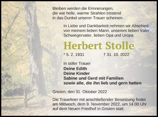 Traueranzeige von Herbert Stolle von Mecklenburger Schweiz