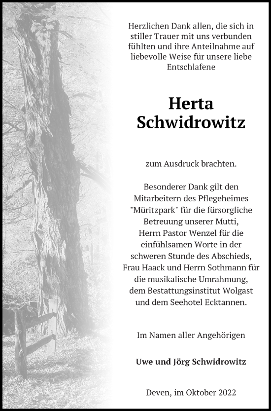 Traueranzeige von Herta Schwidrowitz von Müritz-Zeitung