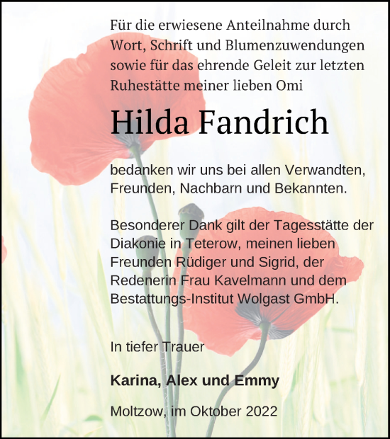 Traueranzeige von Hilda Fandrich von Müritz-Zeitung