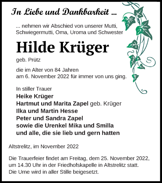 Traueranzeige von Hilde Krüger von Strelitzer Zeitung