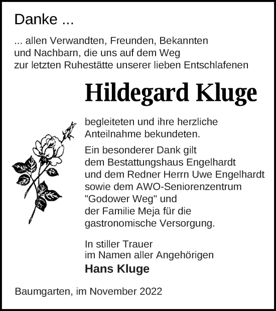 Traueranzeige von Hildegard Kluge von Müritz-Zeitung