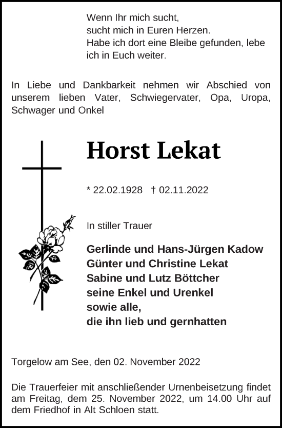 Traueranzeige von Horst Lekat von Müritz-Zeitung