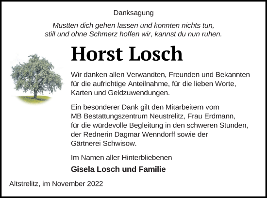 Traueranzeige von Horst Losch von Strelitzer Zeitung