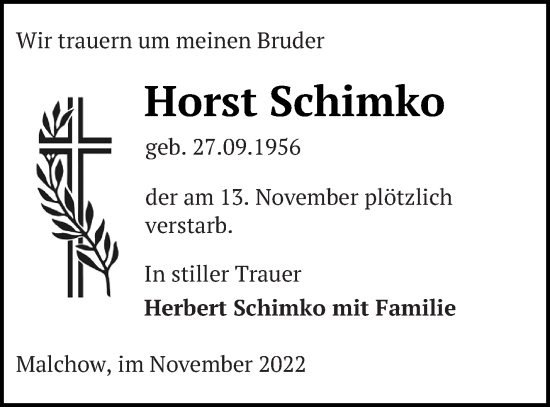 Traueranzeige von Horst Schimko von Müritz-Zeitung