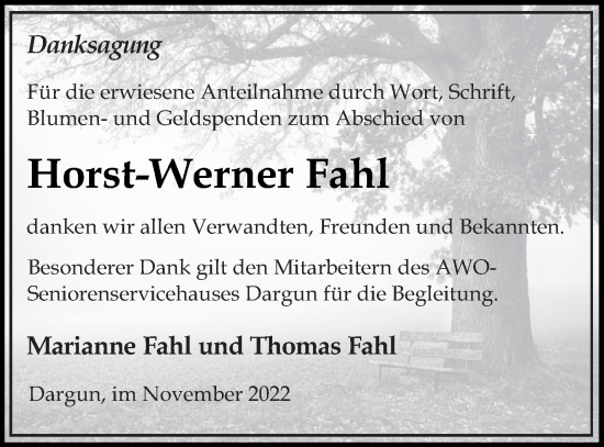 Traueranzeige von Horst-Werner Fahl von Mecklenburger Schweiz