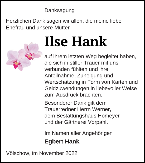 Traueranzeige von Ilse Hank von Vorpommern Kurier