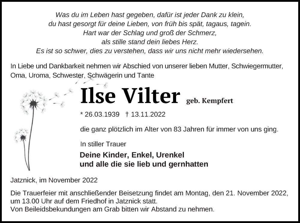  Traueranzeige für Ilse Vilter vom 18.11.2022 aus Haff-Zeitung