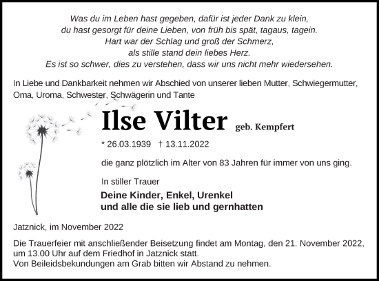 Traueranzeige von Ilse Vilter von Haff-Zeitung