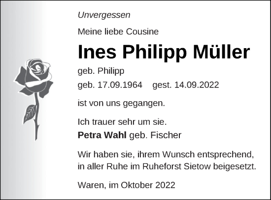 Traueranzeige von Ines Philipp Müller von Müritz-Zeitung