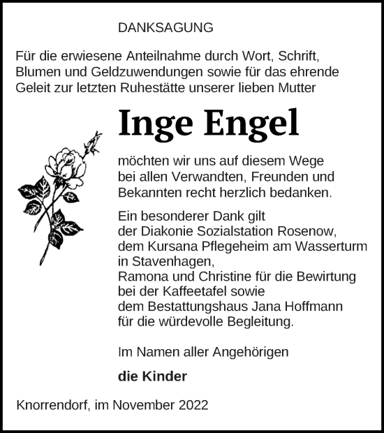 Traueranzeige von Inge Engel von Neubrandenburger Zeitung