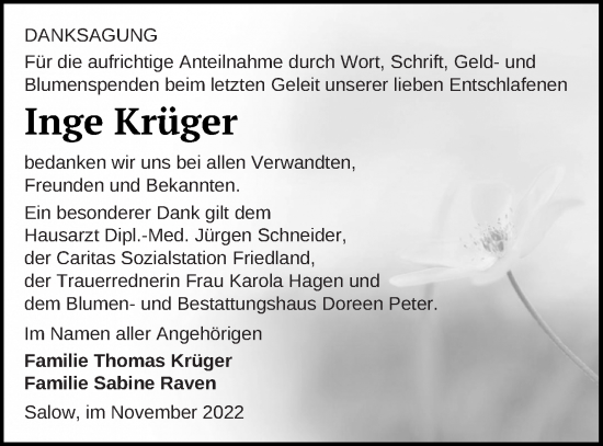 Traueranzeige von Inge Krüger von Neubrandenburger Zeitung