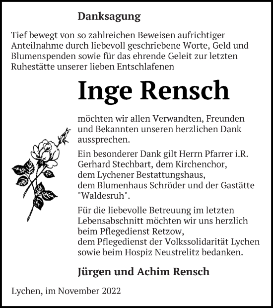 Traueranzeige von Inge Rensch von Templiner Zeitung