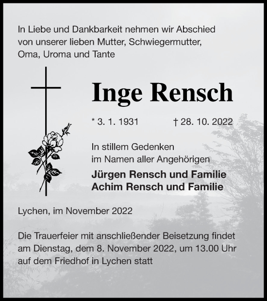 Traueranzeige von Inge Rensch von Templiner Zeitung