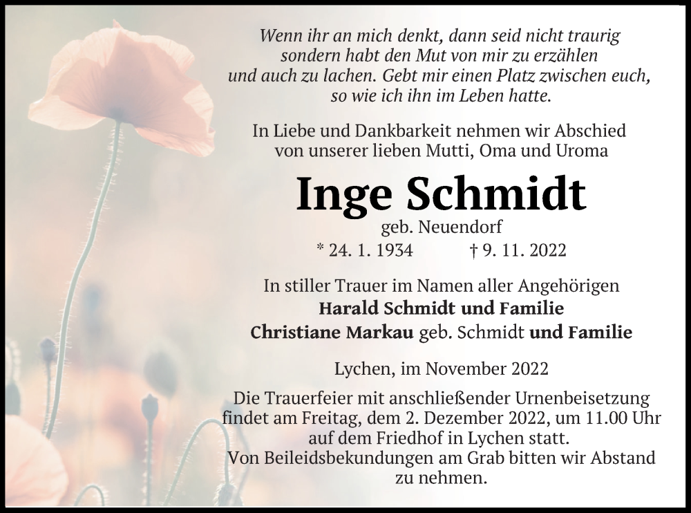  Traueranzeige für Inge Schmidt vom 12.11.2022 aus Templiner Zeitung