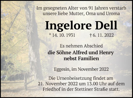 Traueranzeige von Ingelore Dell von Haff-Zeitung