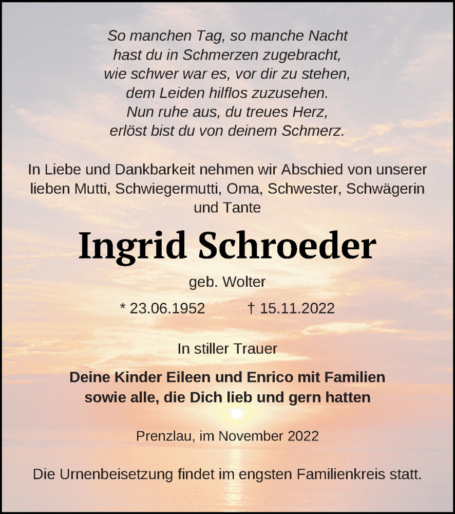  Traueranzeige für Ingrid Schroeder vom 18.11.2022 aus Prenzlauer Zeitung