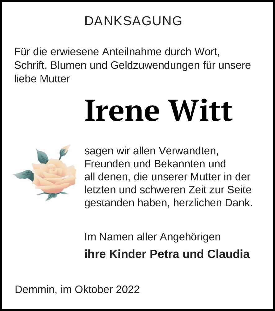 Traueranzeigen Von Irene Witt | Trauer Nordkurier