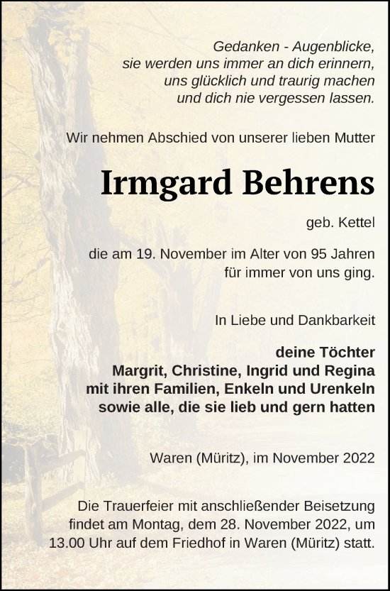 Traueranzeige von Irmgard Behrens von Müritz-Zeitung