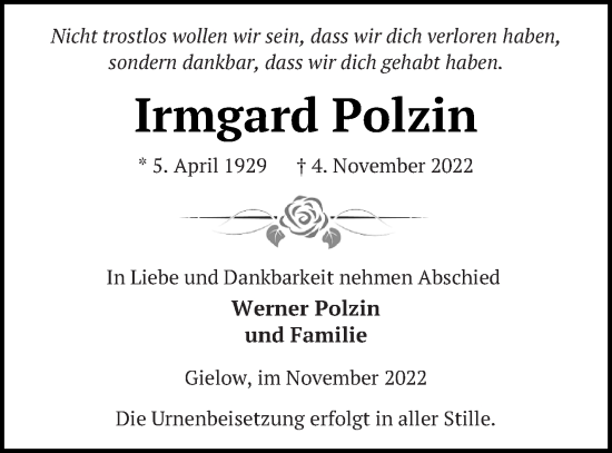 Traueranzeige von Irmgard Polzin von Mecklenburger Schweiz