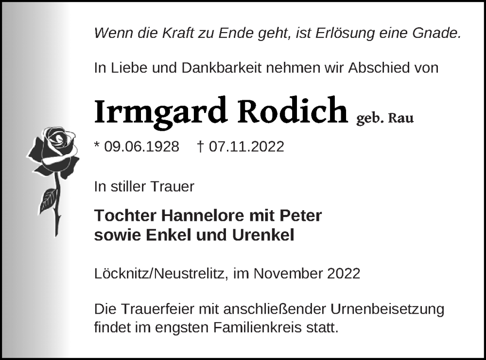  Traueranzeige für Irmgard Rodich vom 18.11.2022 aus Pasewalker Zeitung