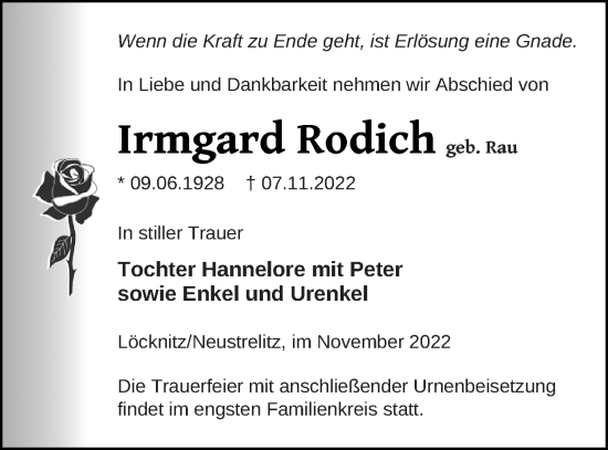 Traueranzeige von Irmgard Rodich von Pasewalker Zeitung