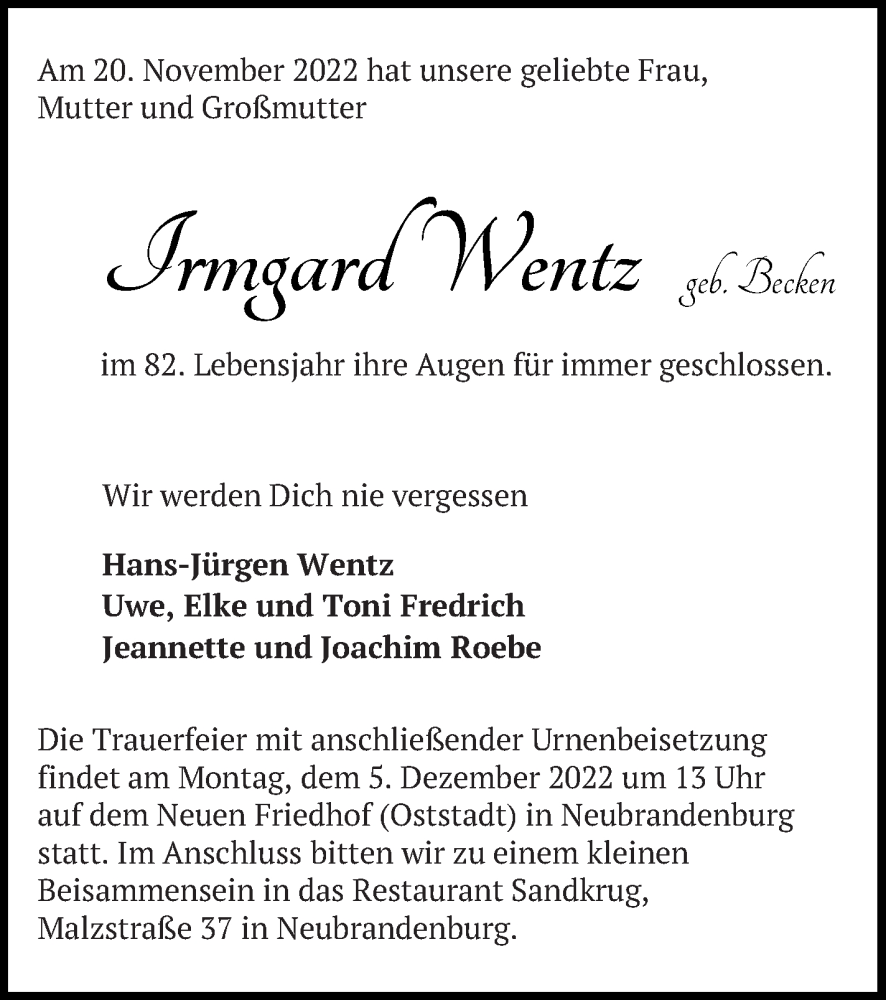  Traueranzeige für Irmgard Wentz vom 26.11.2022 aus Neubrandenburger Zeitung