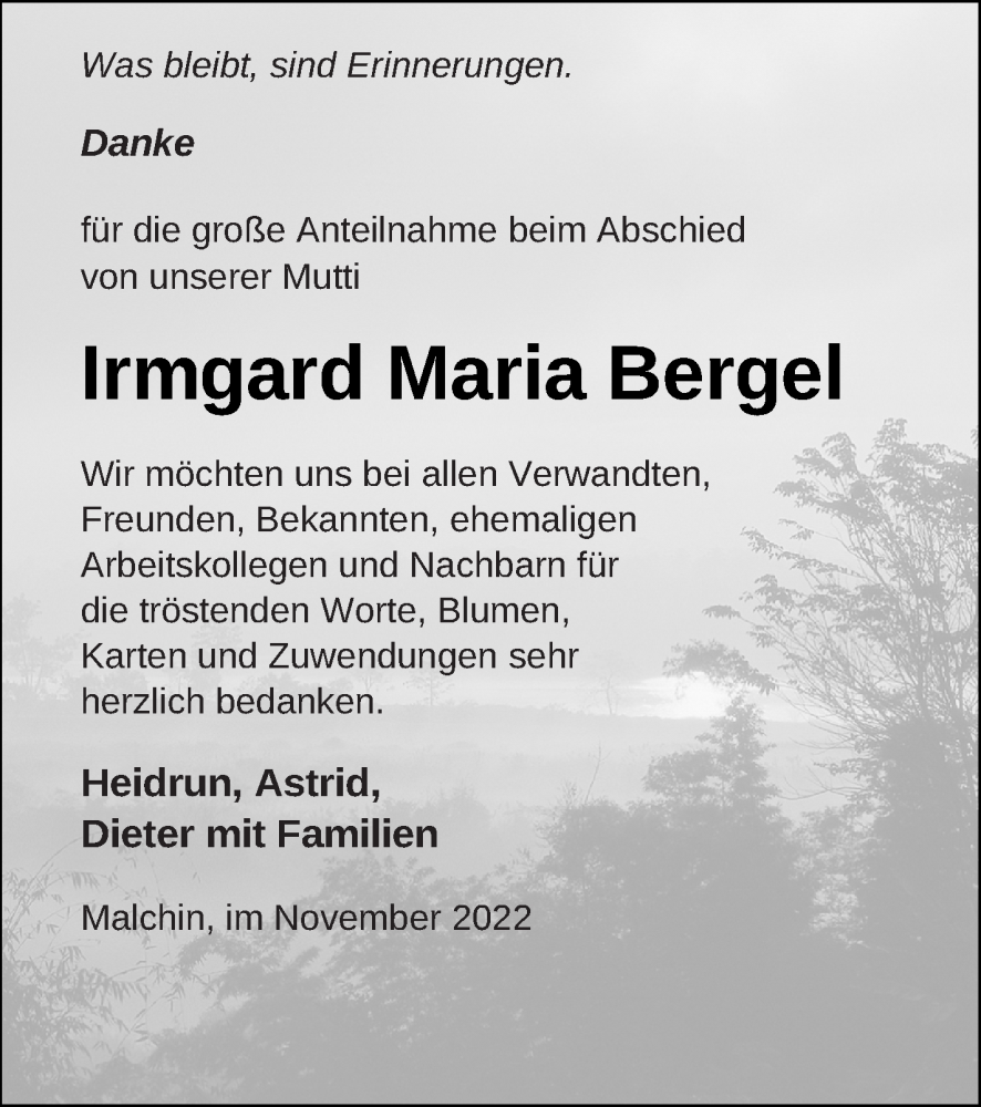  Traueranzeige für Irmgard Maria Bergel vom 29.11.2022 aus Mecklenburger Schweiz