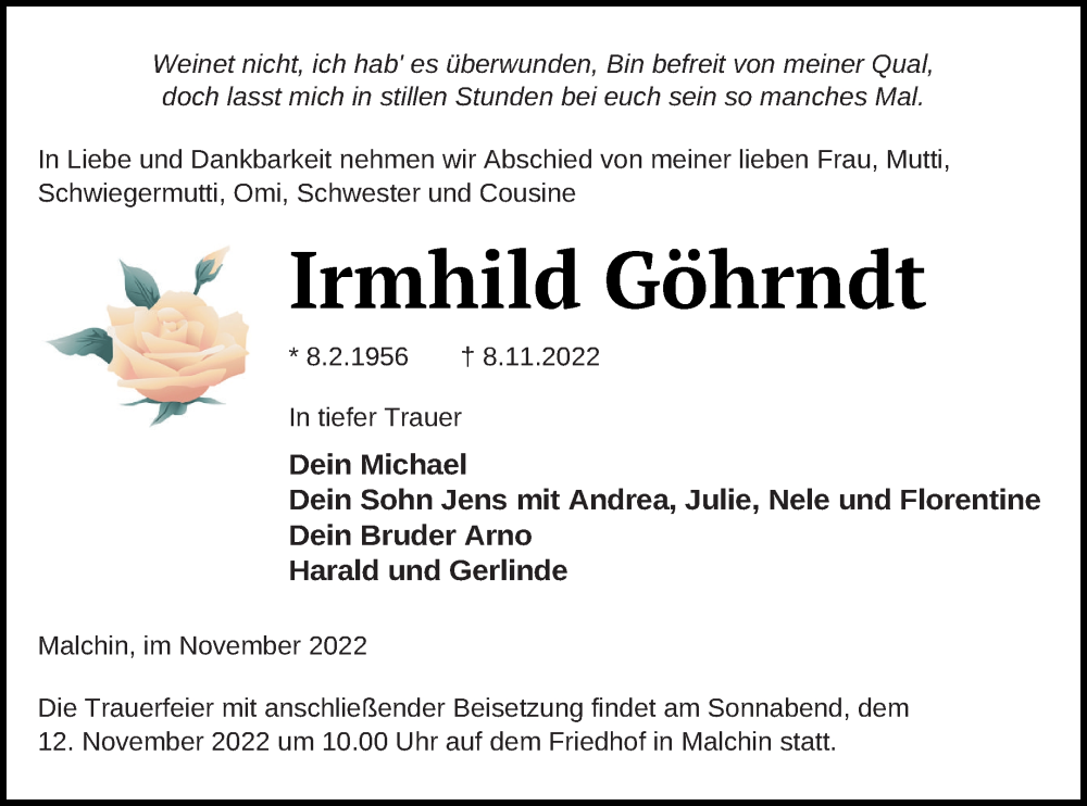  Traueranzeige für Irmhild Göhrndt vom 10.11.2022 aus Mecklenburger Schweiz