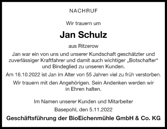 Traueranzeige von Jan Schulz von Mecklenburger Schweiz