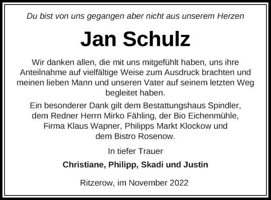 Traueranzeige von Jan Schulz von Mecklenburger Schweiz