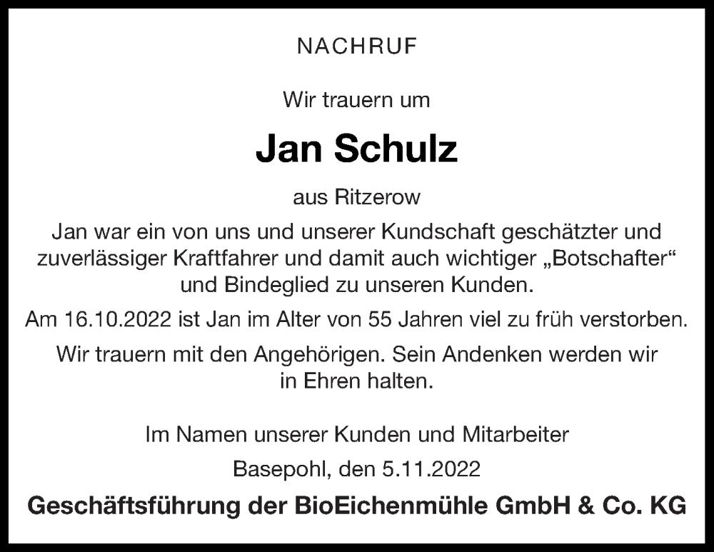  Traueranzeige für Jan Schulz vom 05.11.2022 aus Mecklenburger Schweiz