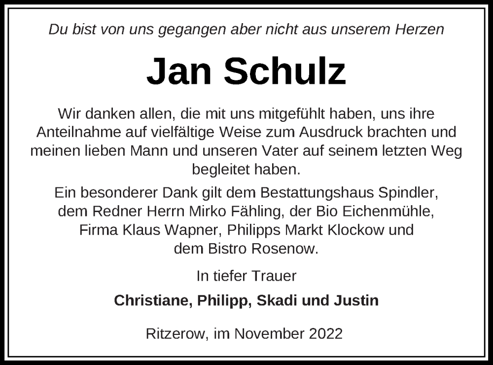  Traueranzeige für Jan Schulz vom 11.11.2022 aus Mecklenburger Schweiz