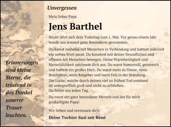 Traueranzeige von Jens Barthel von Neubrandenburger Zeitung