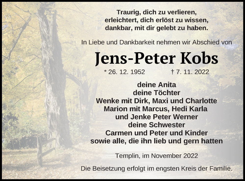  Traueranzeige für Jens-Peter Kobs vom 12.11.2022 aus Templiner Zeitung