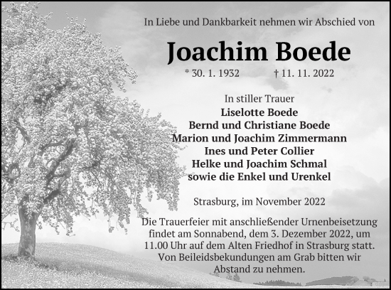 Traueranzeige von Joachim Boede von Neubrandenburger Zeitung