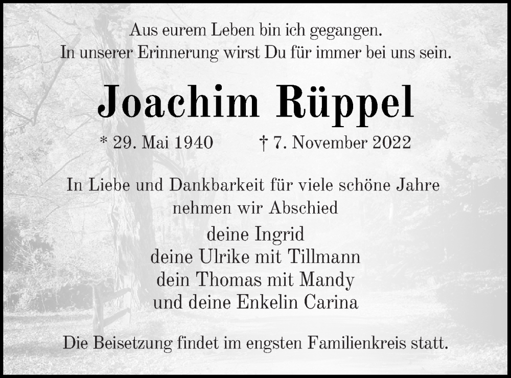  Traueranzeige für Joachim Rüppel vom 12.11.2022 aus Templiner Zeitung