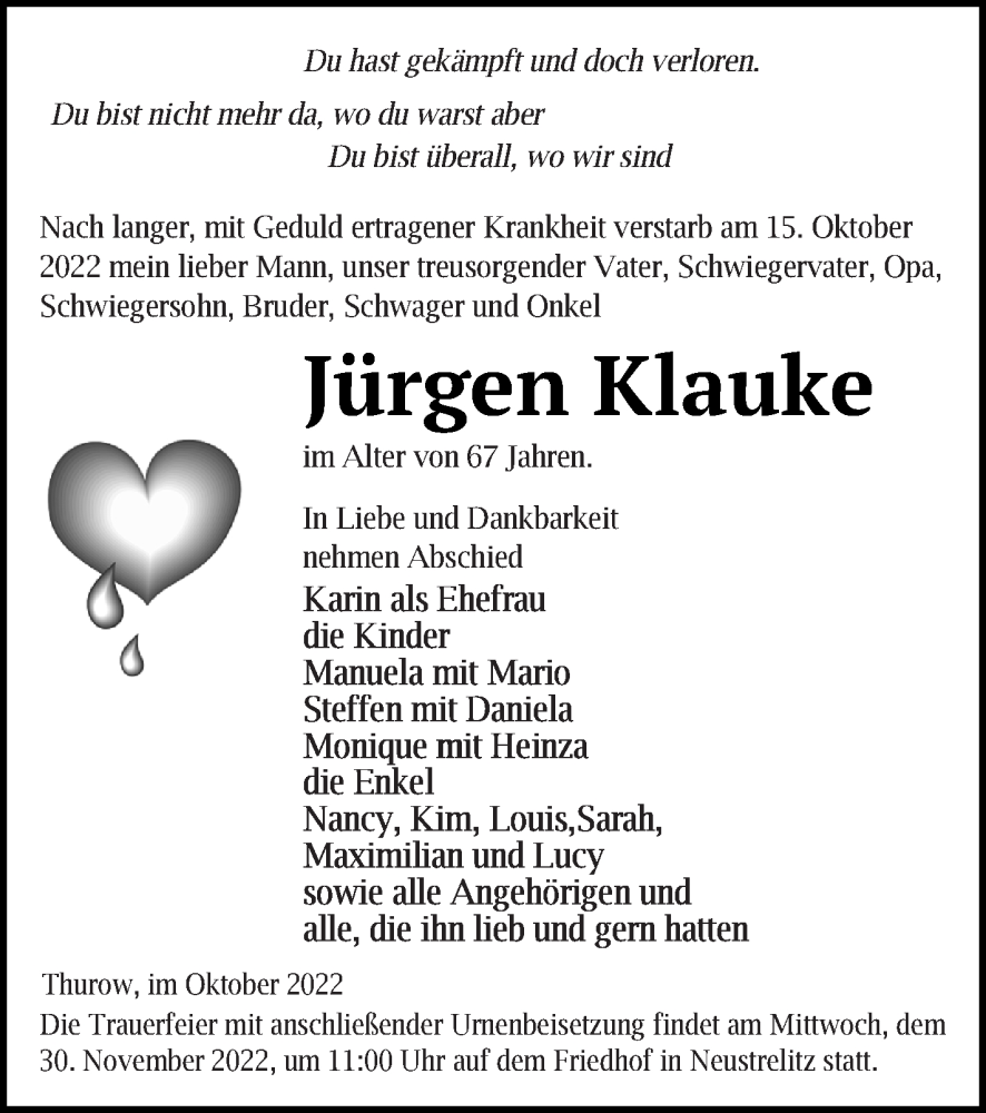  Traueranzeige für Jürgen Klauke vom 19.11.2022 aus Strelitzer Zeitung