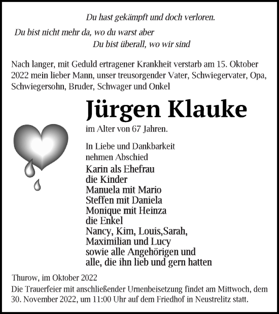 Traueranzeige von Jürgen Klauke von Strelitzer Zeitung