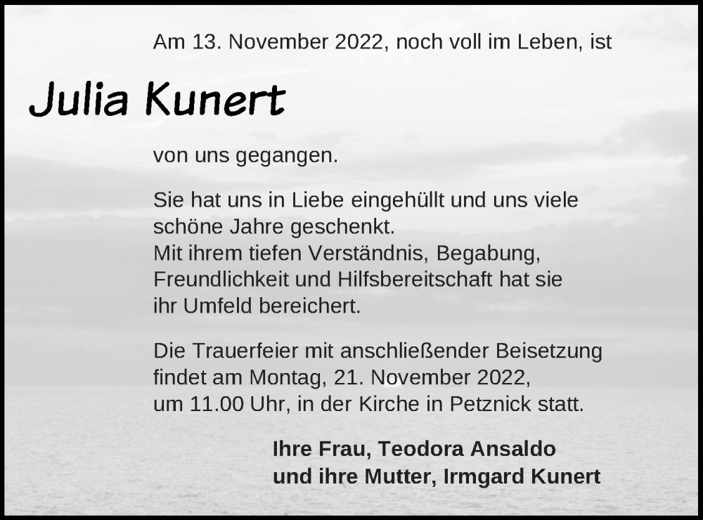  Traueranzeige für Julia Kunert vom 17.11.2022 aus Templiner Zeitung