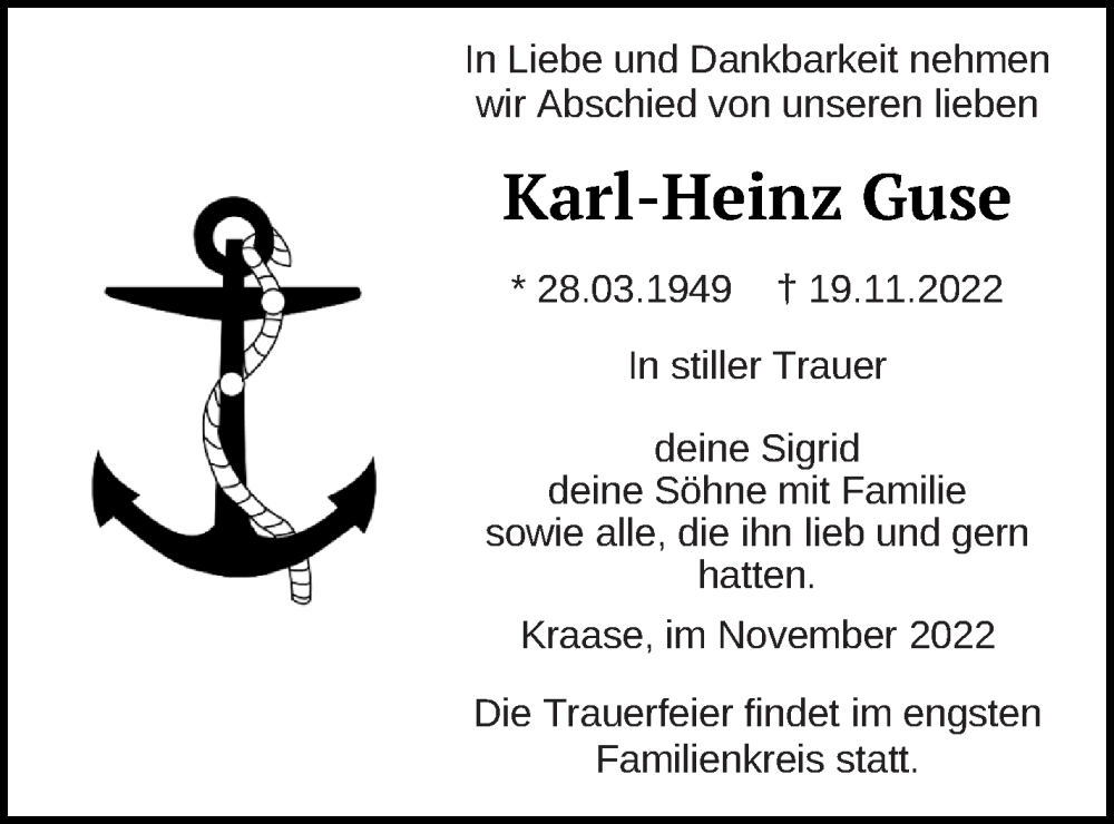  Traueranzeige für Karl-Heinz Guse vom 26.11.2022 aus Müritz-Zeitung