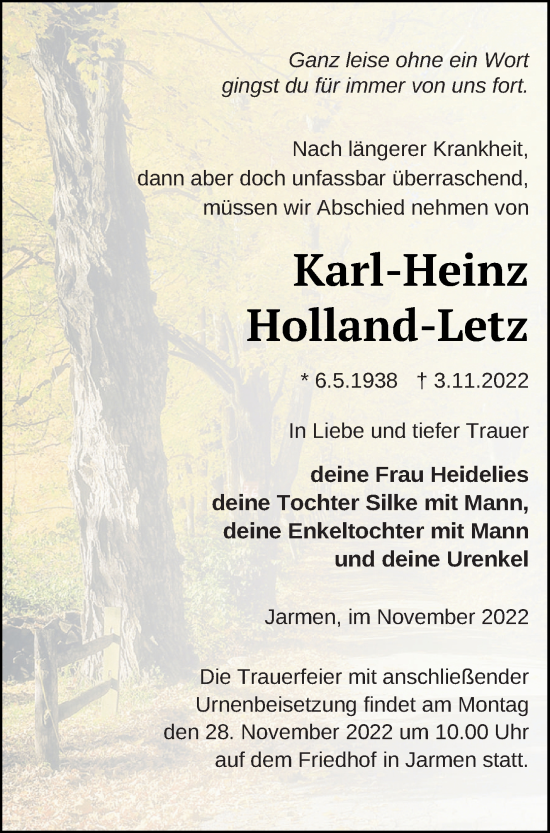 Traueranzeige von Karl-Heinz Holland-Letz von Vorpommern Kurier