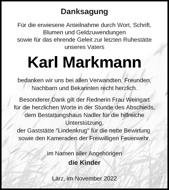 Traueranzeige von Karl Markmann von Strelitzer Zeitung