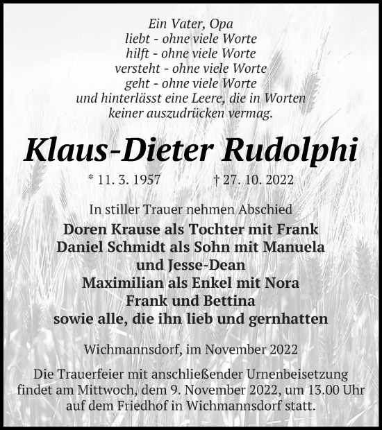 Traueranzeige von Klaus-Dieter Rudolphi von Templiner Zeitung