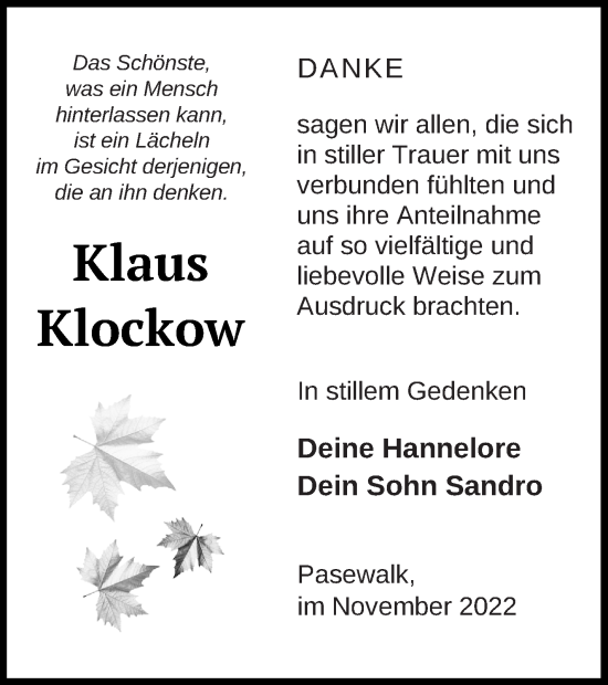 Traueranzeige von Klaus Klockow von Pasewalker Zeitung