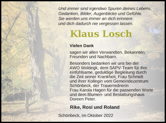 Traueranzeige von Klaus Losch von Strelitzer Zeitung