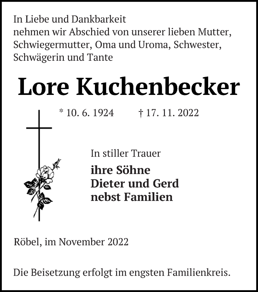  Traueranzeige für Lore Kuchenbecker vom 19.11.2022 aus Müritz-Zeitung