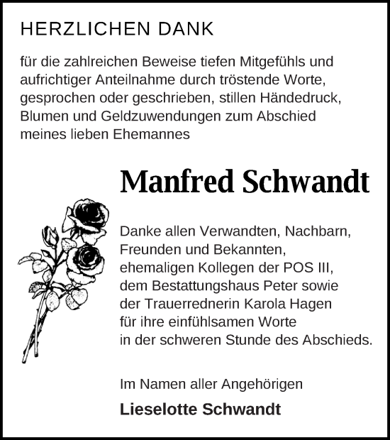 Traueranzeige von Manfred Schwandt von Neubrandenburger Zeitung