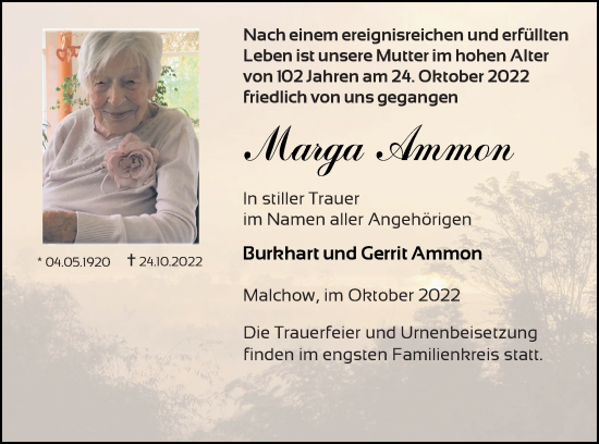 Traueranzeige von Marga Ammon von Müritz-Zeitung