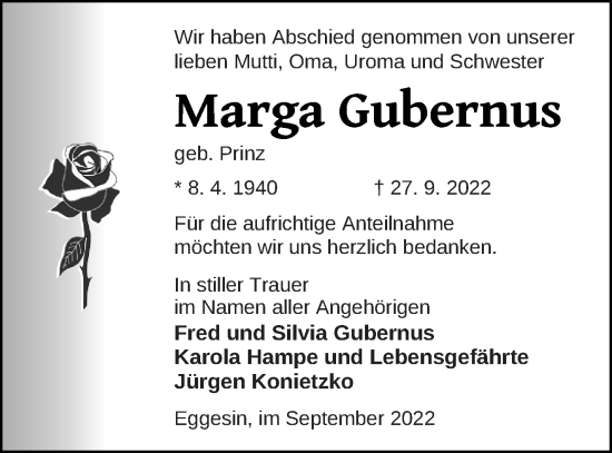 Traueranzeige von Marga Gubernus von Haff-Zeitung