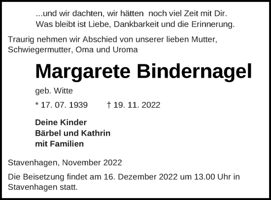 Traueranzeige von Margarete Bindernagel von Mecklenburger Schweiz